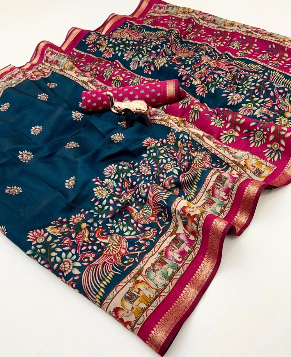 Peacock Blue Mul Cotton Saree - Image 2