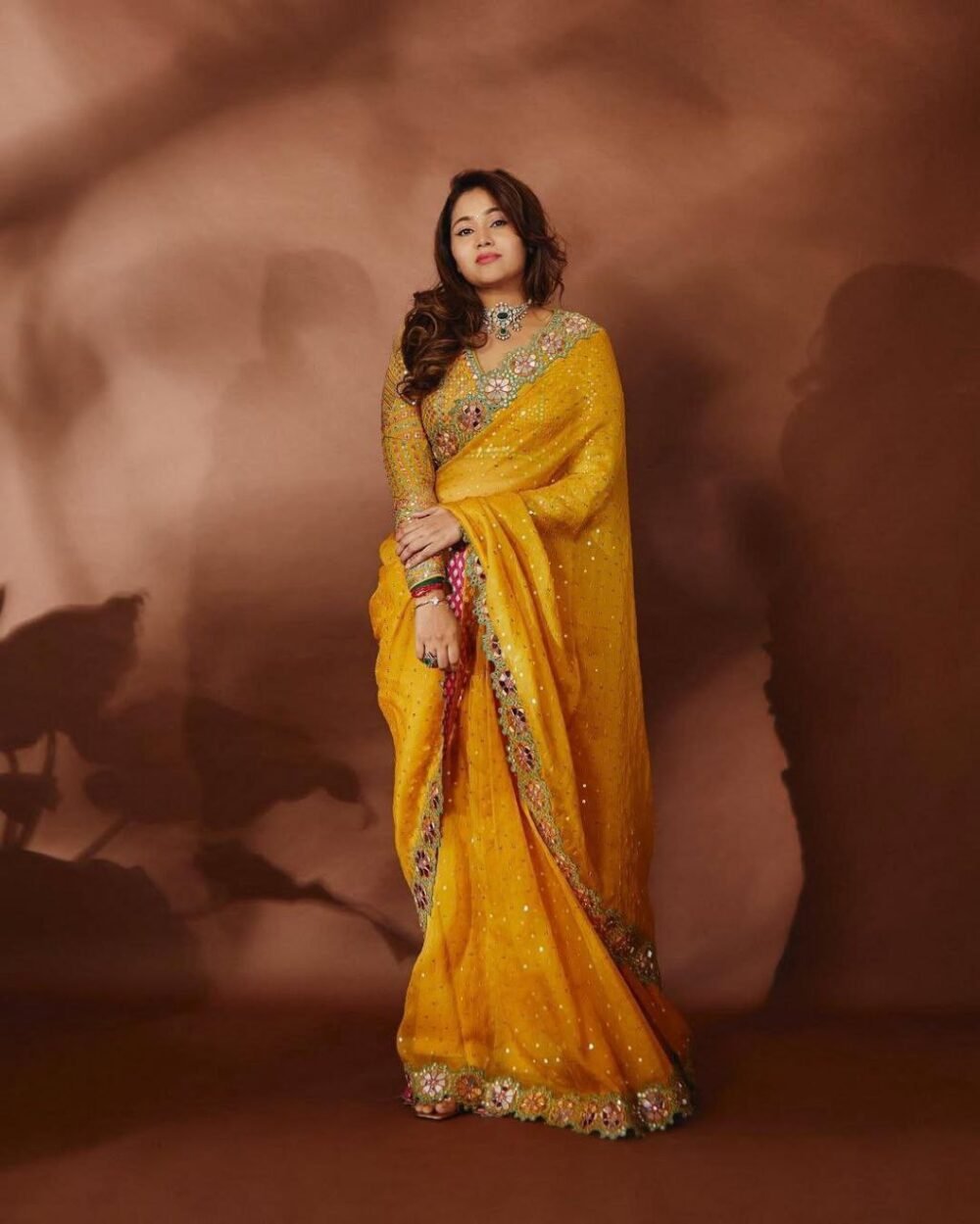 Mustard Mirror Work Saree