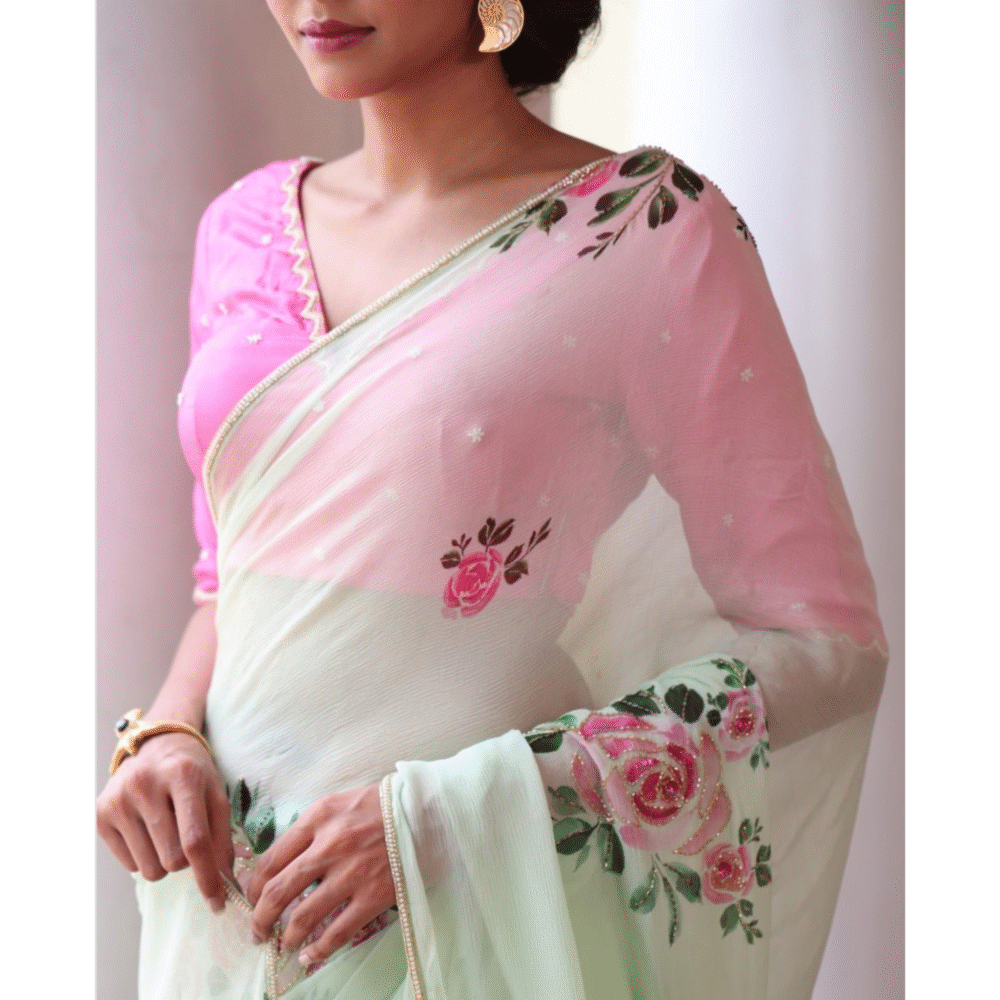 Light Green Floral Georgette Saree - Image 2