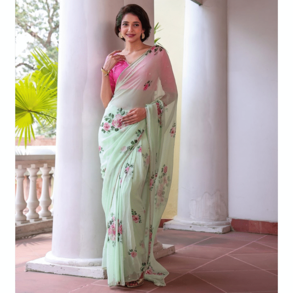 Light Green Floral Georgette Saree
