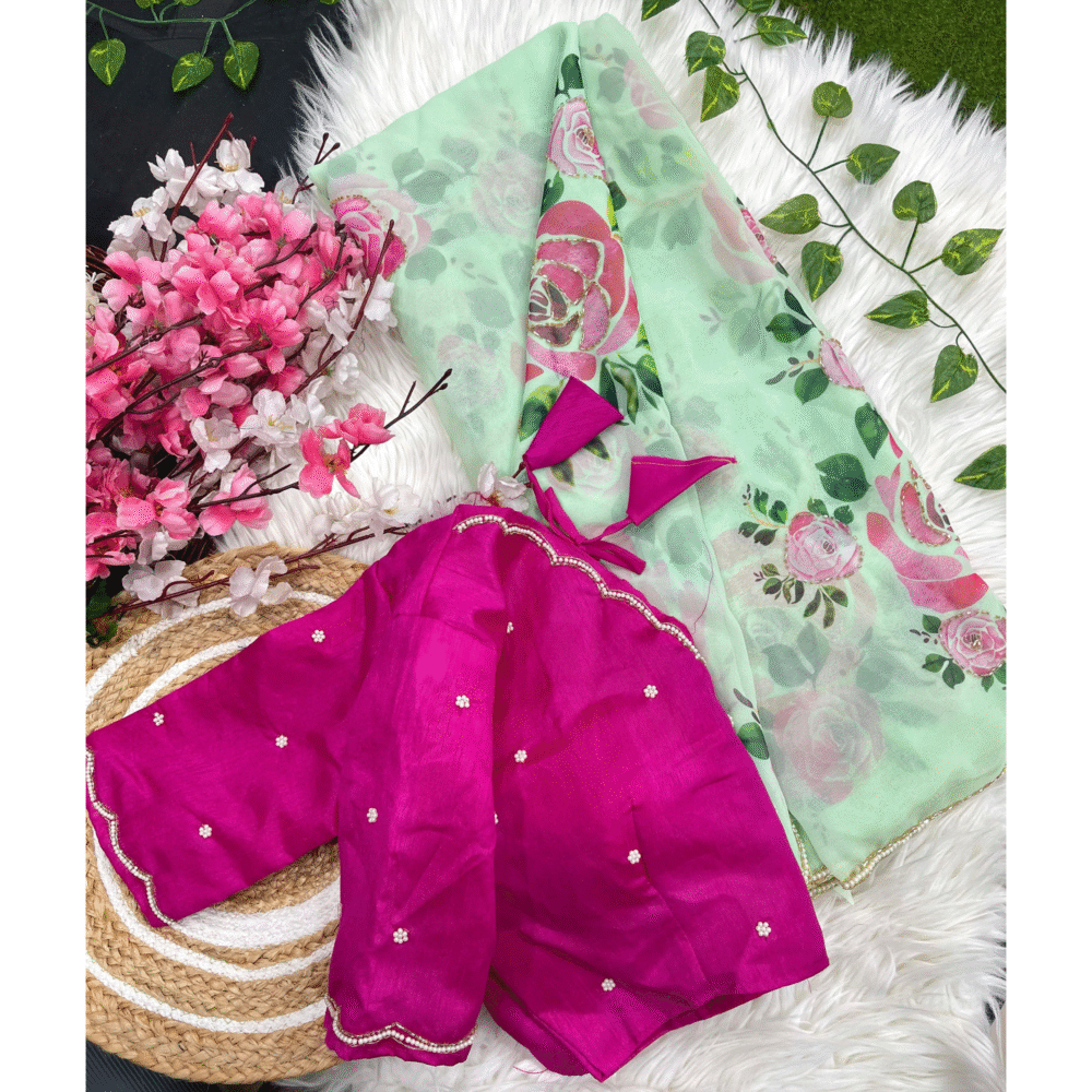 Light Green Floral Georgette Saree - Image 3